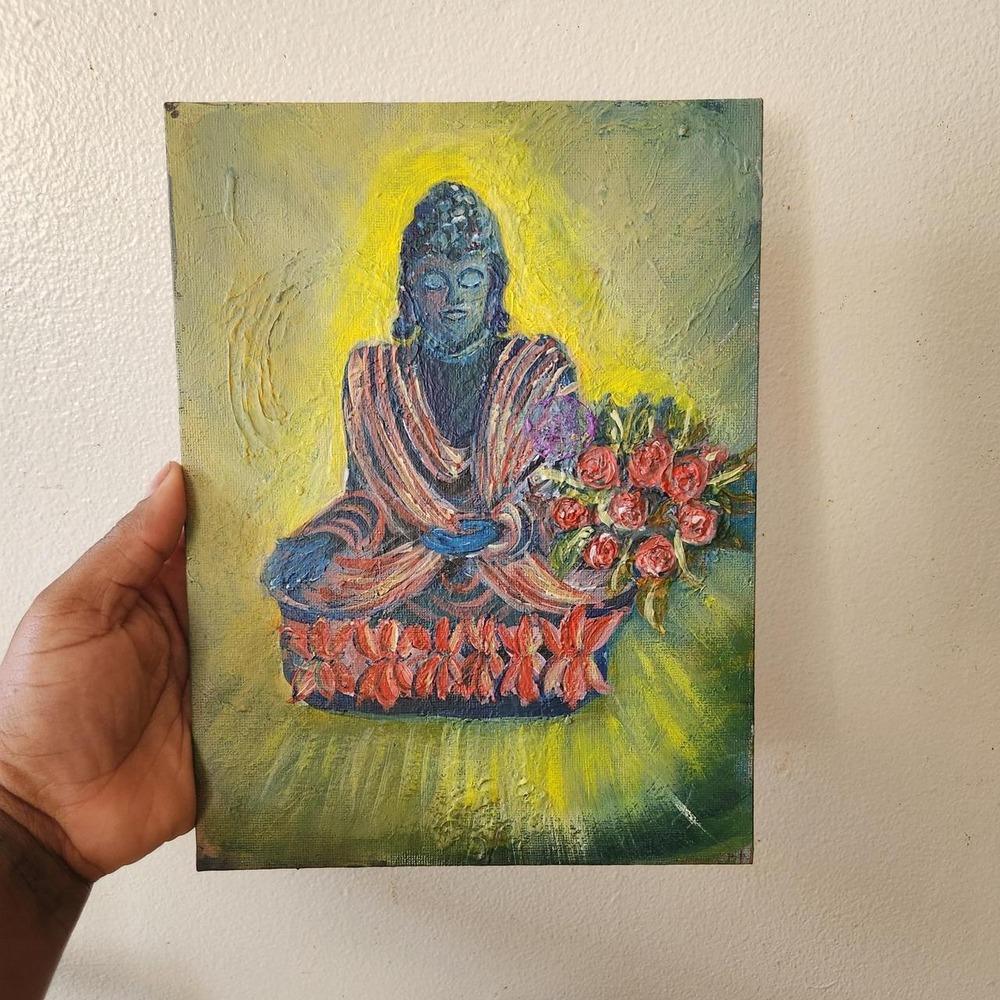 Anna Kapustina Original Acrylic Buddha With Flowers Painting
 7.1 x 9.4